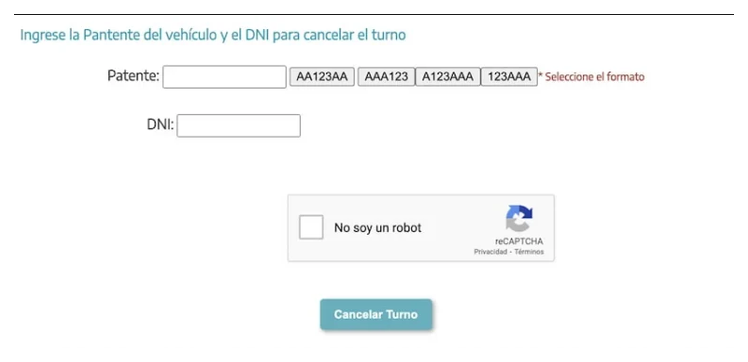 Pantalla para cancelar el turno de la VTV en Saladillo con patente y DNI